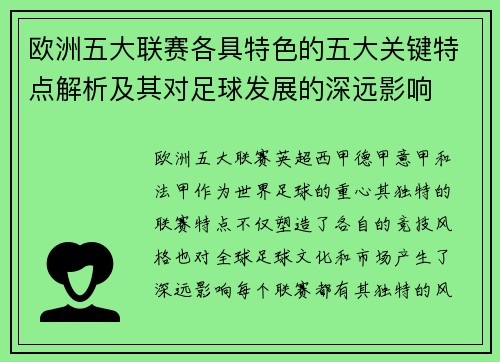 欧洲五大联赛各具特色的五大关键特点解析及其对足球发展的深远影响