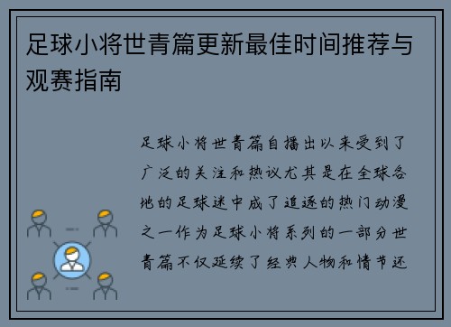 足球小将世青篇更新最佳时间推荐与观赛指南